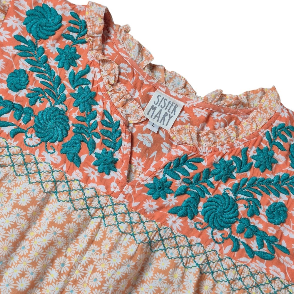 Sister Mary Coral Floral Embroidered Peasant Blouse